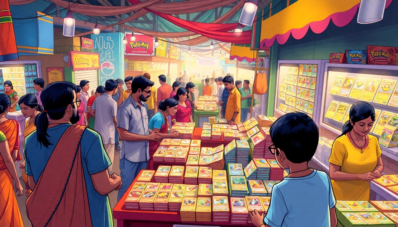 Explore a vibrant marketplace in India for Real pokemon cards india, filled with colorful displays and enthusiastic collectors.