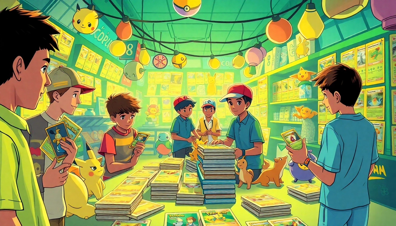 Explore vibrant Pokemon tcg india cards displayed in a lively marketplace featuring enthusiastic young collectors.