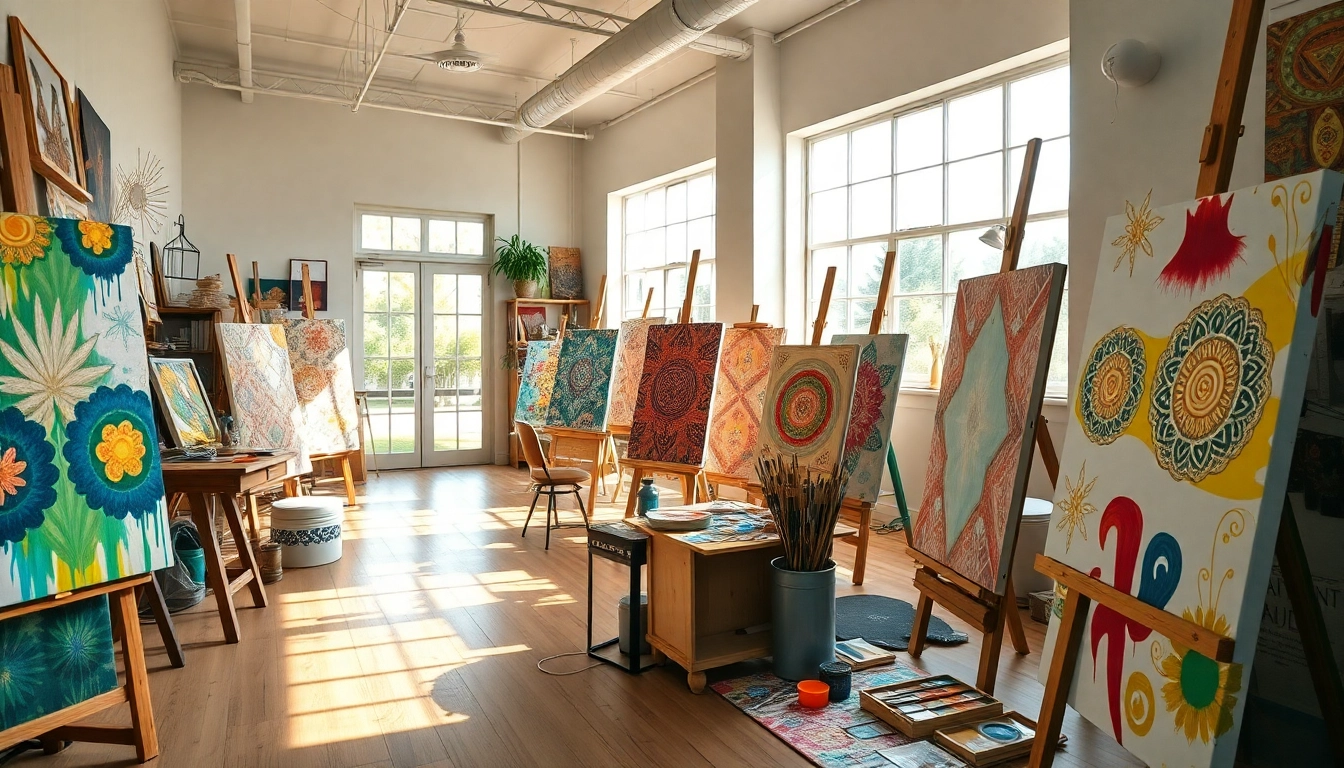 Canvas materialen en gereedschap in een kleurrijke kunststudio.
