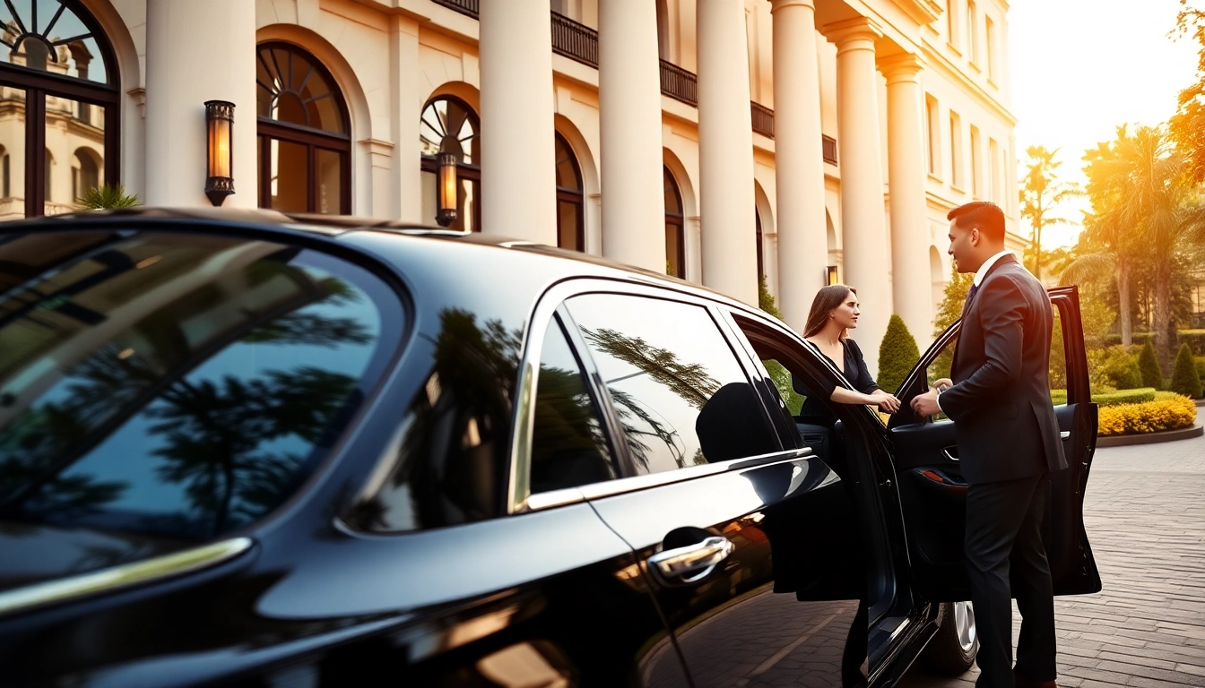 Experience a VIP chauffeur service with a professional chauffeur welcoming a passenger at a luxury hotel.