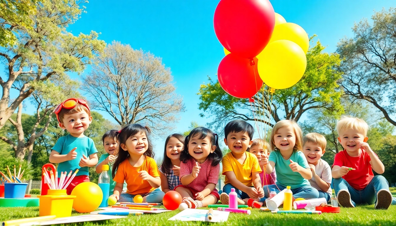 Engaging scene of kids entertainment at a colorful park with children playing and creating.