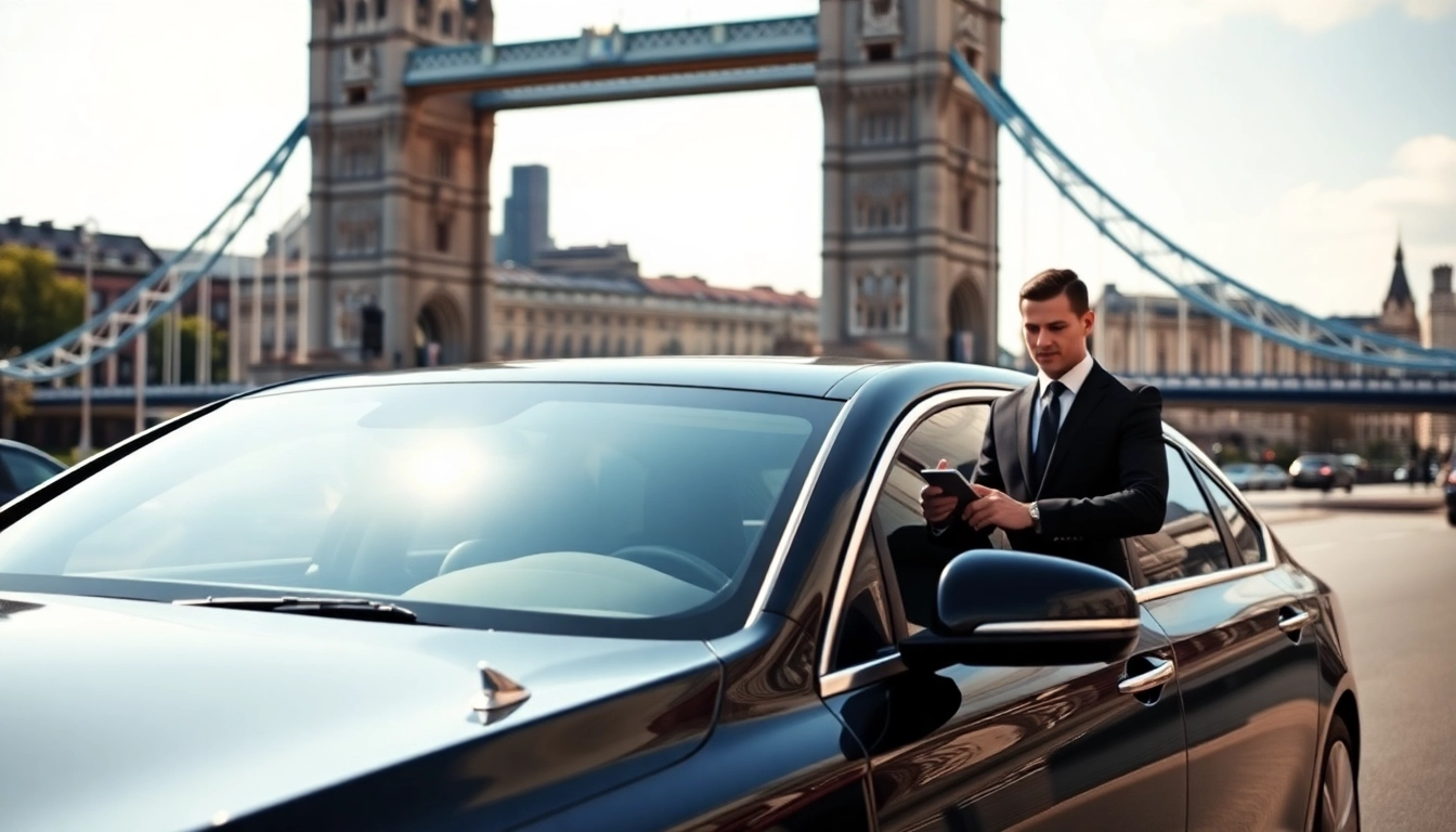 Experience the luxury of a london chauffeur service with a premium vehicle in front of iconic London scenery.