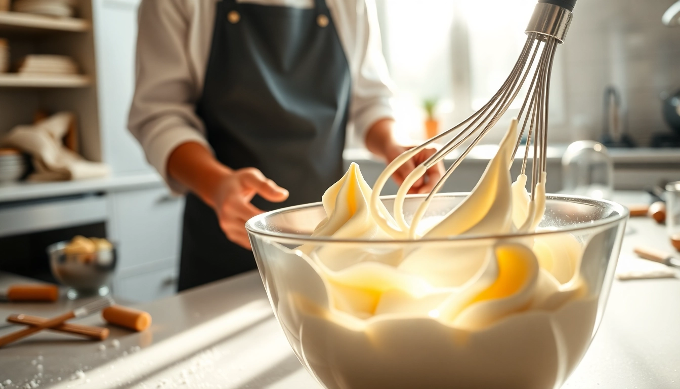 Mousseline bereiding in een heldere keuken met een professionele bakker die de textuur klopt.