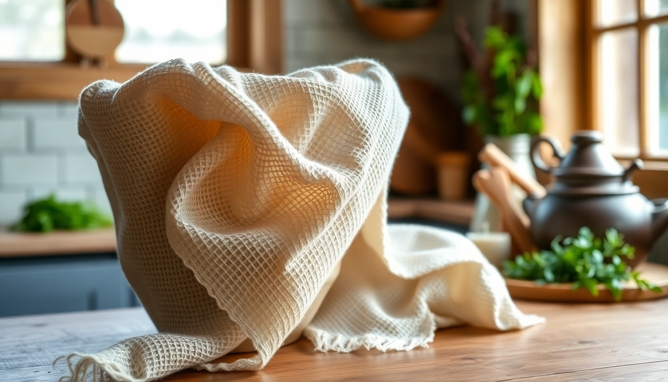 Kaasdoek die gebruikt wordt voor het maken van kaas in een rustieke keuken.