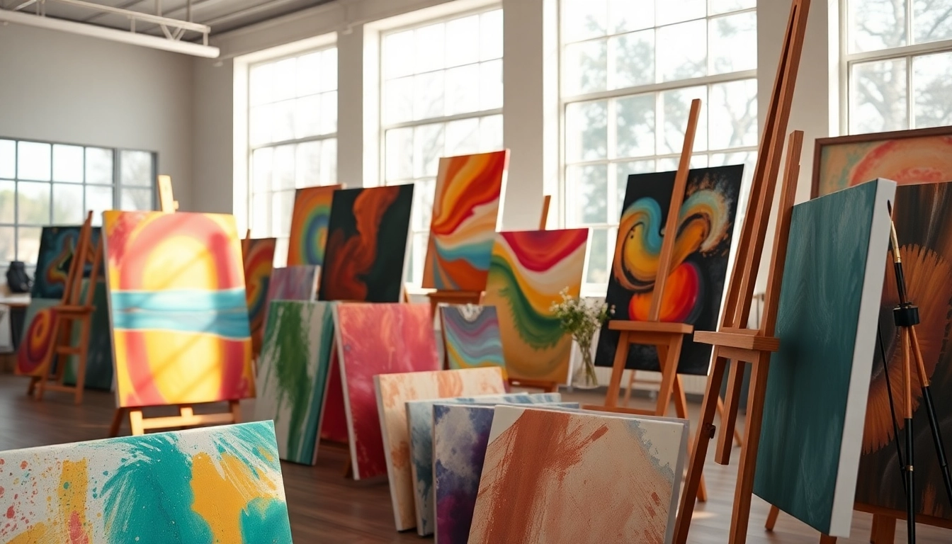 Creëer unieke canvas kunstwerken in een heldere galerijomgeving met kleurrijke teksten.