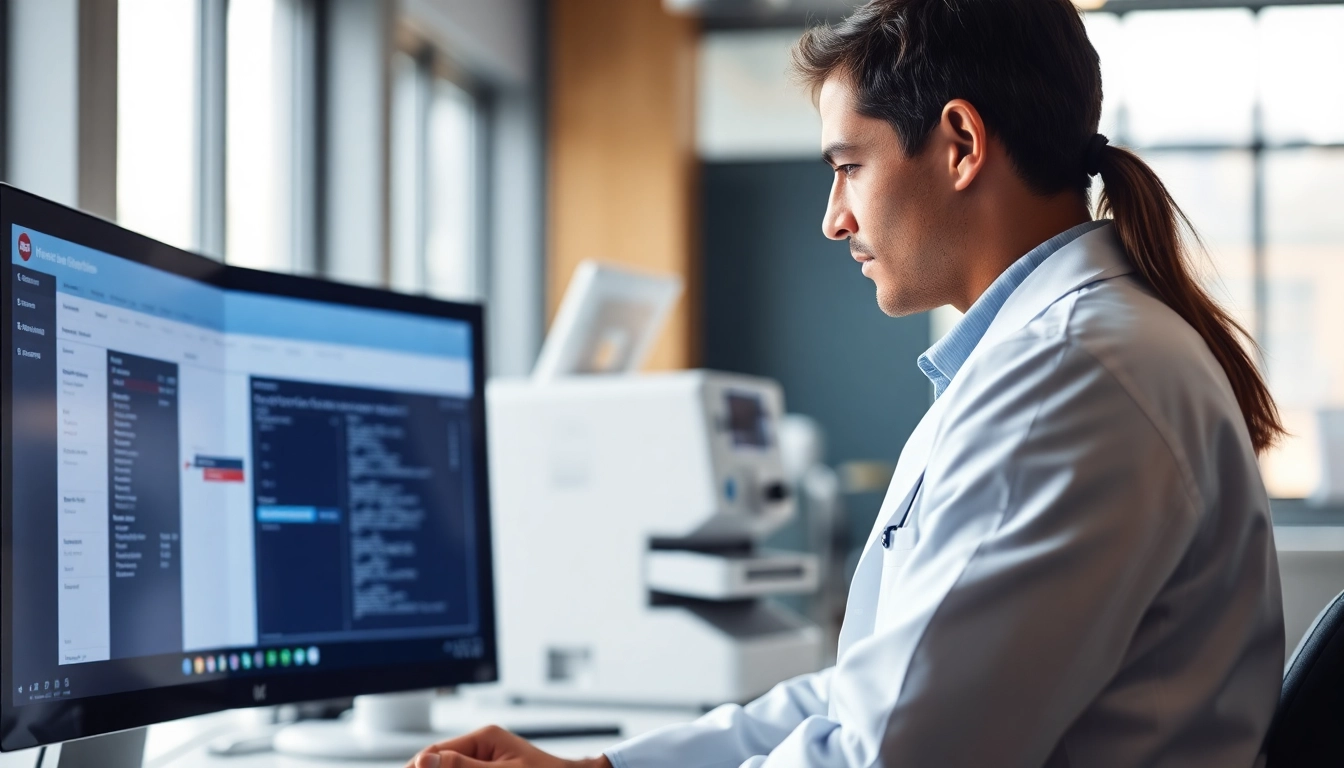 Evaluate eprescribing software reviews with a healthcare provider examining software on a computer.