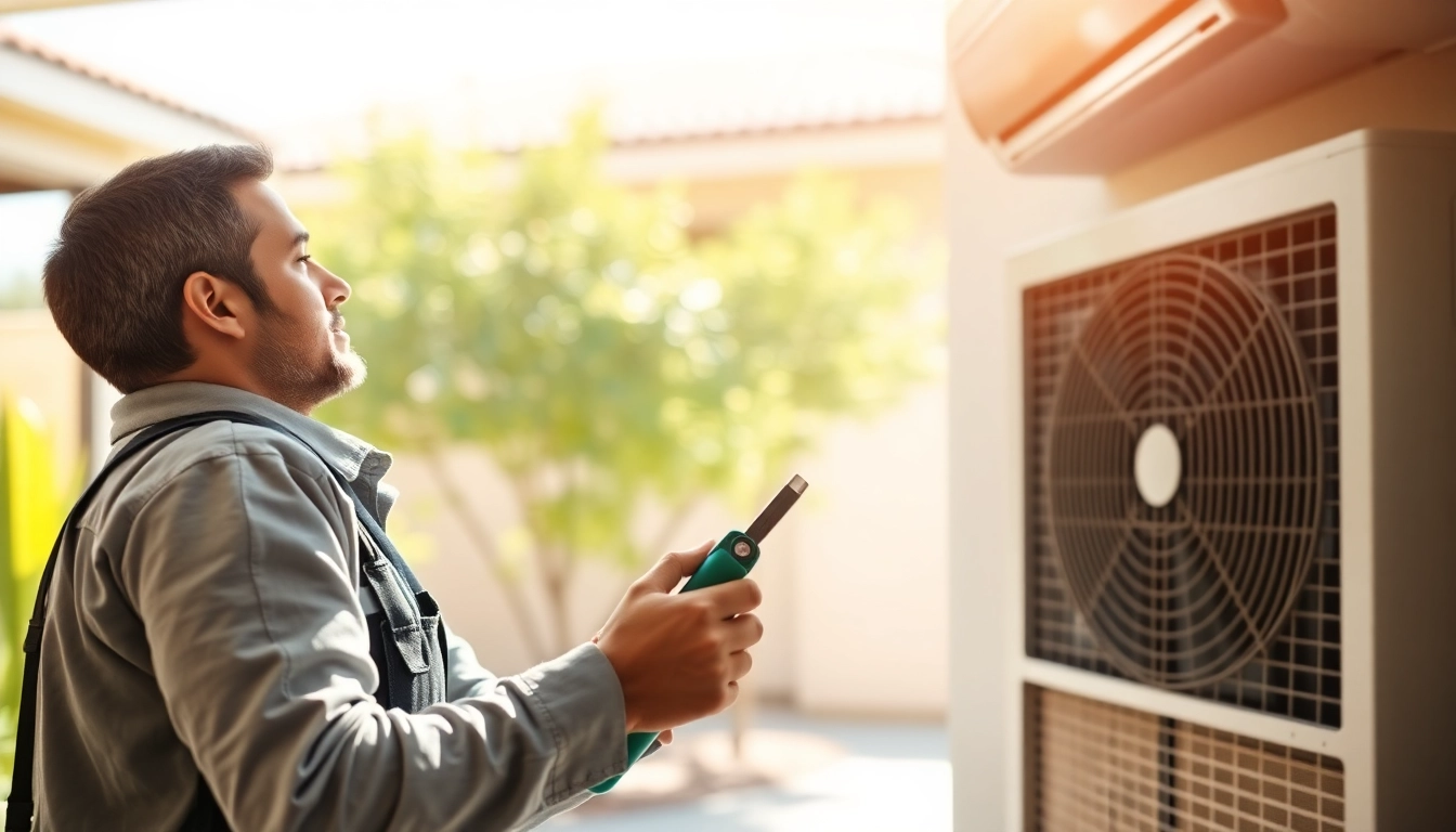 HVAC technician servicing a Scottsdale AC unit in a bright residential setting.