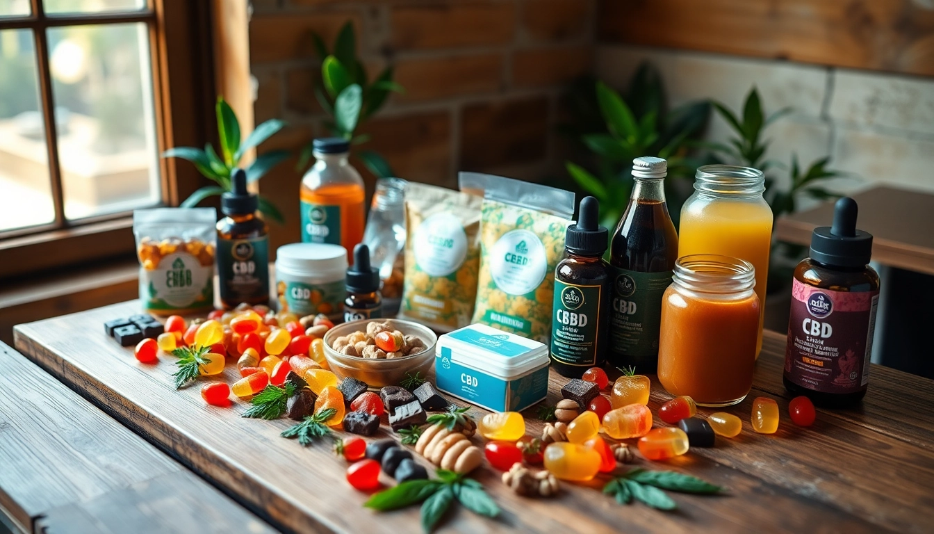 Showcase of colorful wholesale CBD edibles on a wooden table with natural lighting.