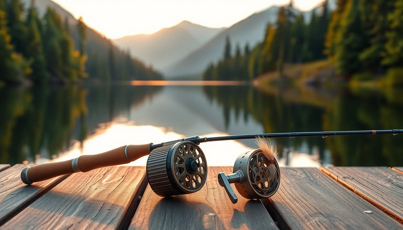Showcase a Fly fishing combo setup on a dock with serene lake reflections