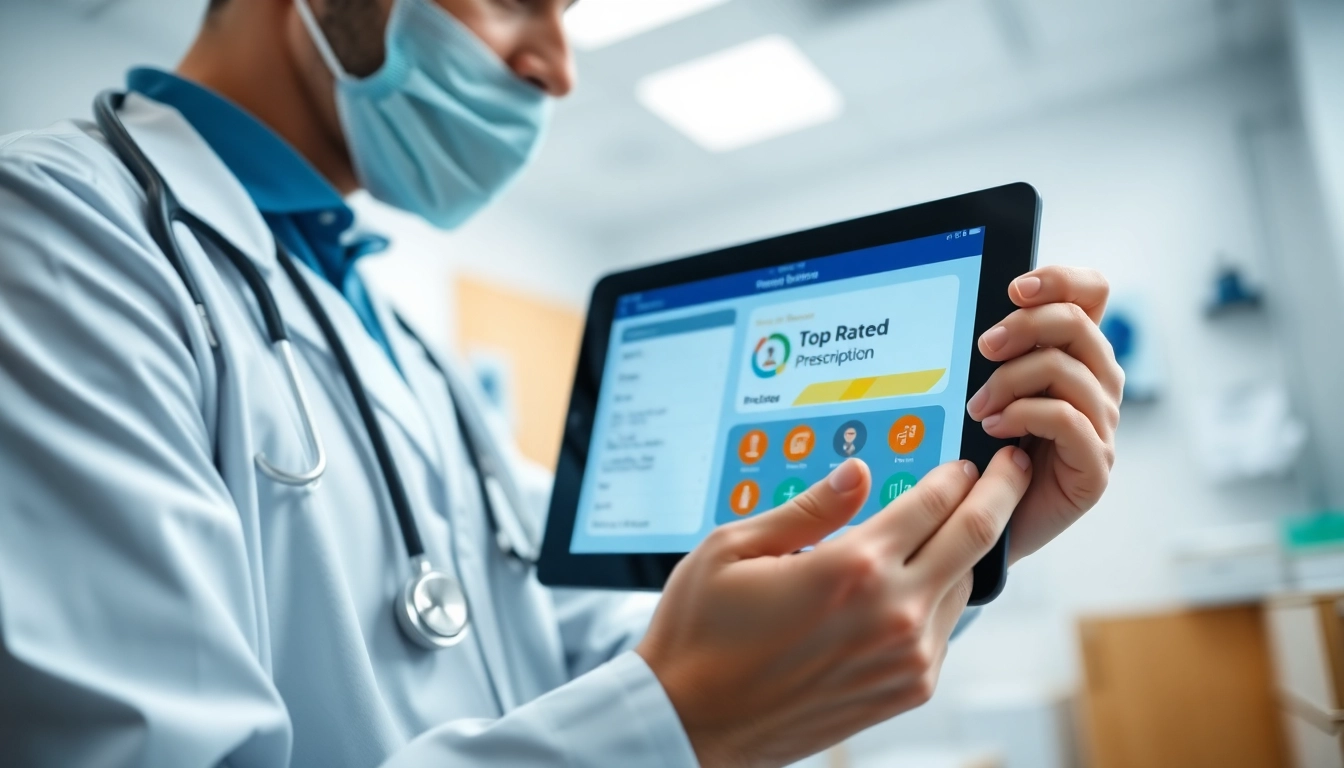 Utilizing top rated prescription applications on a tablet by a healthcare professional.