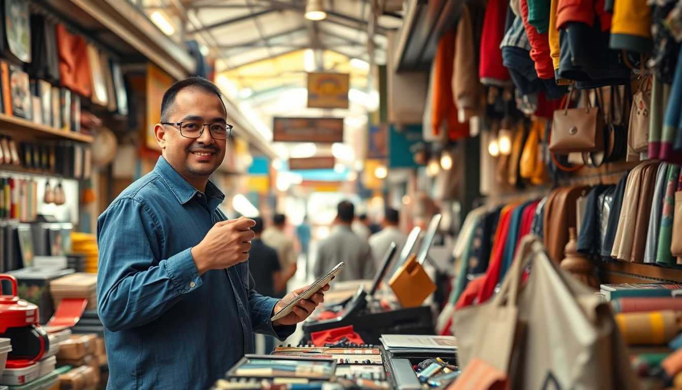Learn how to sell on Jirle with a vibrant marketplace scene showing sellers and products.